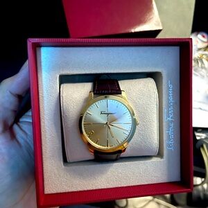Ferragamo Gold watch with dark brown leather straps (Worn Once)
